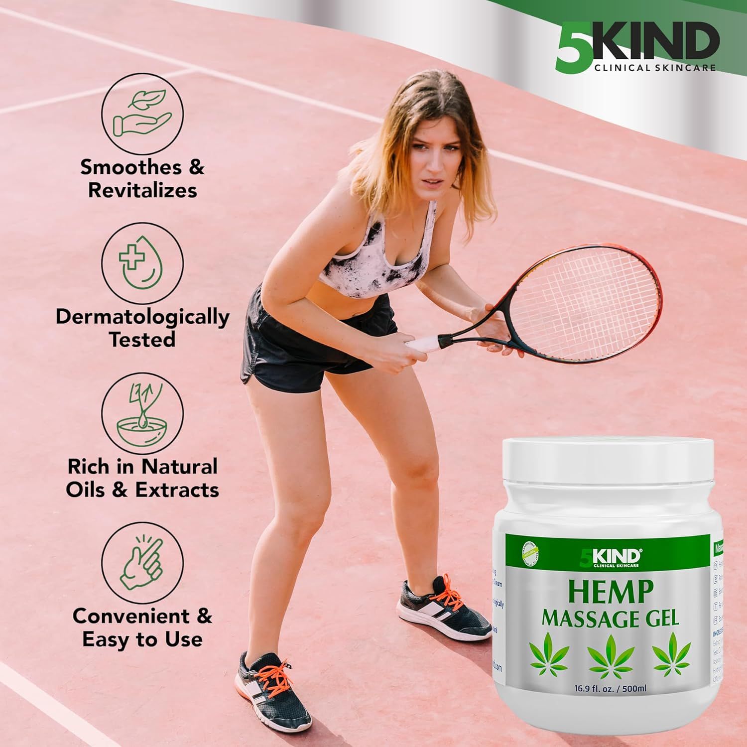 Donna con racchetta da tennis. Scritta: HEMP MASSAGE GEL. Simbolo foglie di canapa. 16.9 fl. oz. / 500ml. Icone: Dermatologicamente testato, ecc.
