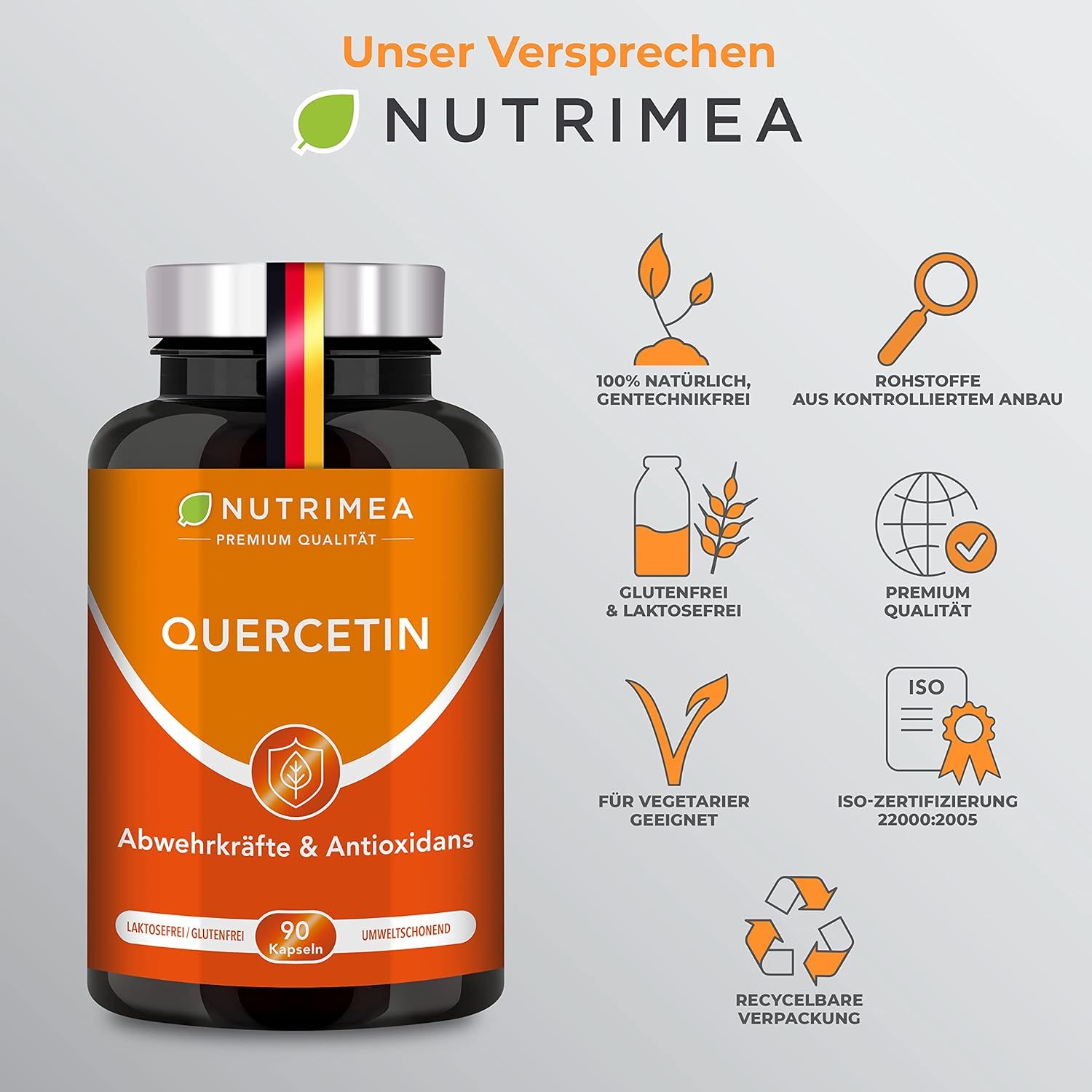 Flacone marrone con quercetina. Scritta: Nutrimea, Quercetina, Difese immunitarie e antiossidanti. Simboli: naturale, senza OGM, senza glutine, vegano.