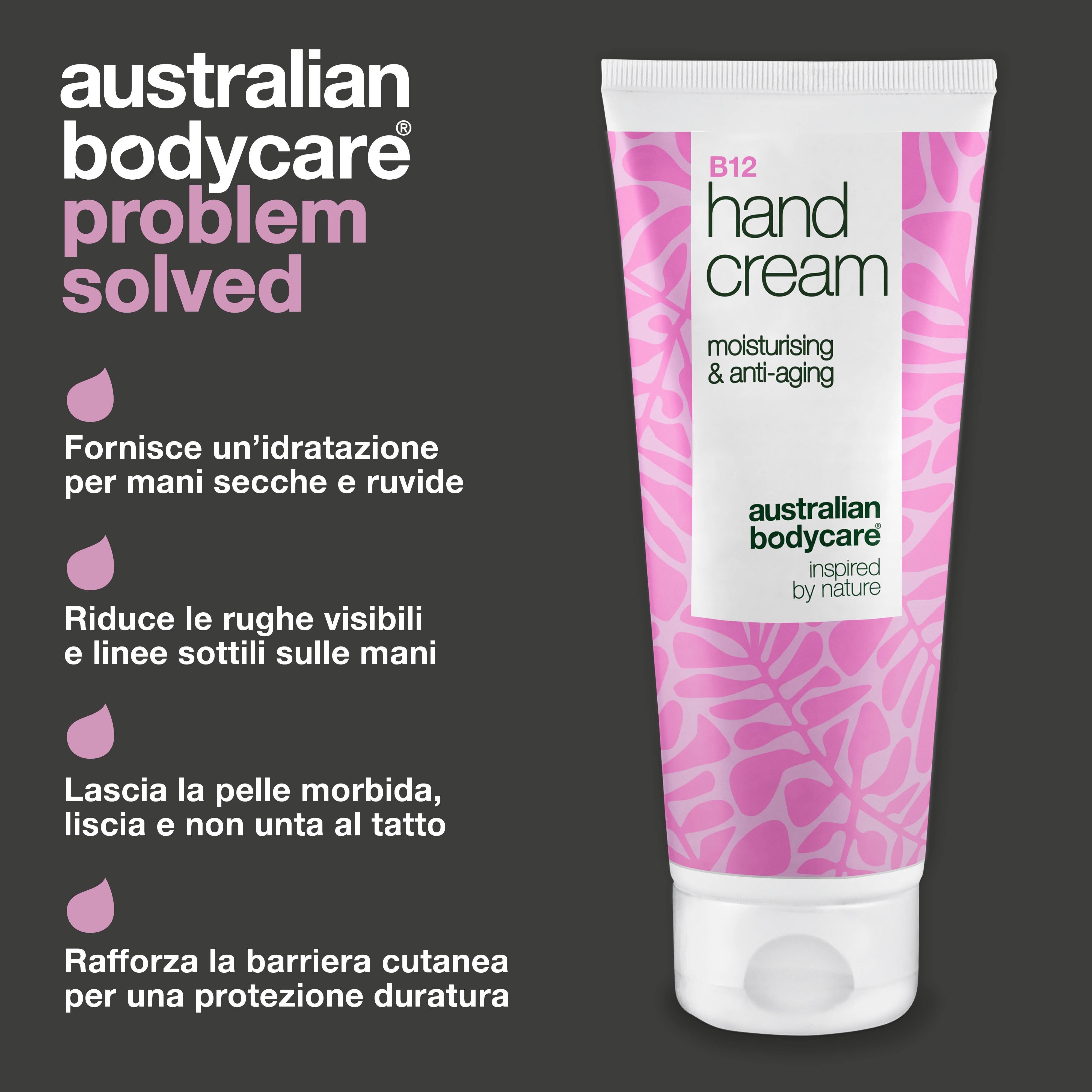 Crema mani B12, idratante e anti-età. Design rosa con foglie. Marchio: Australian Bodycare. Testo: Problema risolto.