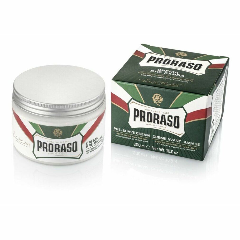 Vasetto bianco e scatola verde. Scritta PRORASO. Testo: PRE-SHAVE CREAM. Con eucalipto e mentolo. 300 ml. Net Wt. 10.9 oz.
