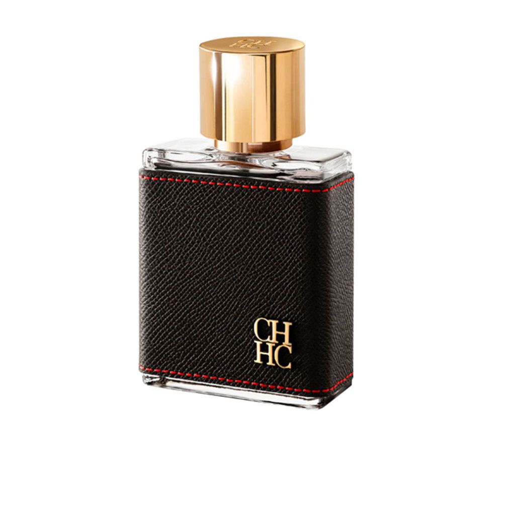 Flacone rettangolare in similpelle nera, cuciture rosse, tappo dorato. Logo CH HC.