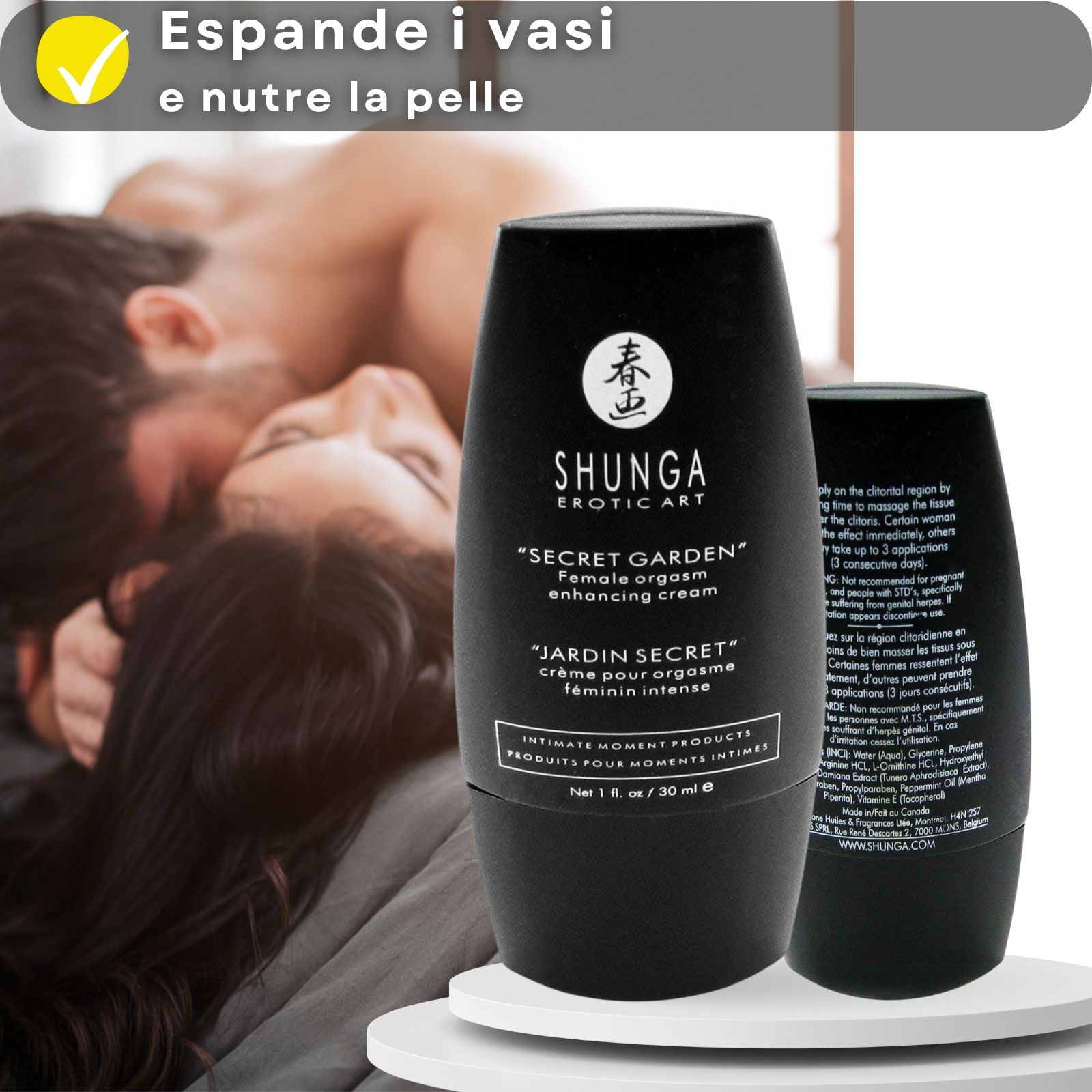 Flacone e testo del prodotto. Testo in italiano. Nome prodotto: Shunga. Coppia sullo sfondo.