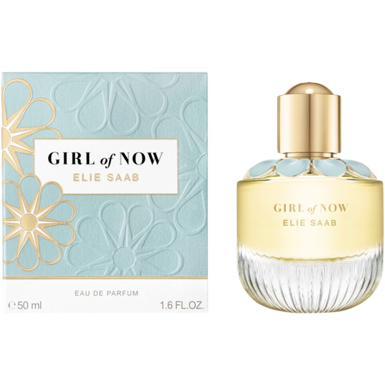 Flacone di profumo e scatola. Scritta: GIRL of NOW, ELIE SAAB. Scatola con motivo floreale e testo.