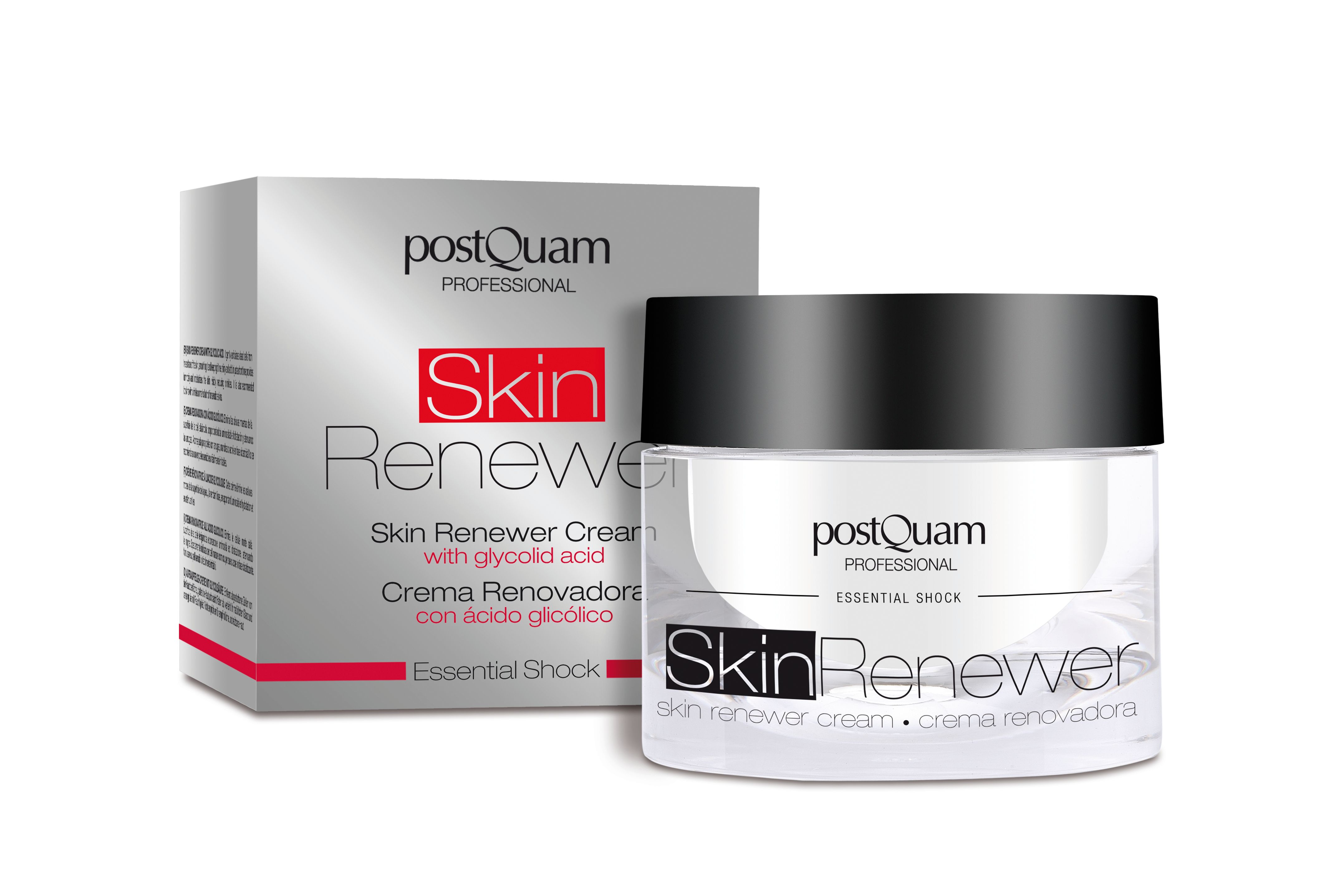 Vasetto di crema con coperchio nero e scatola. Scritta Skin Renewer e PostQuam Professional. Crema con acido glicolico.