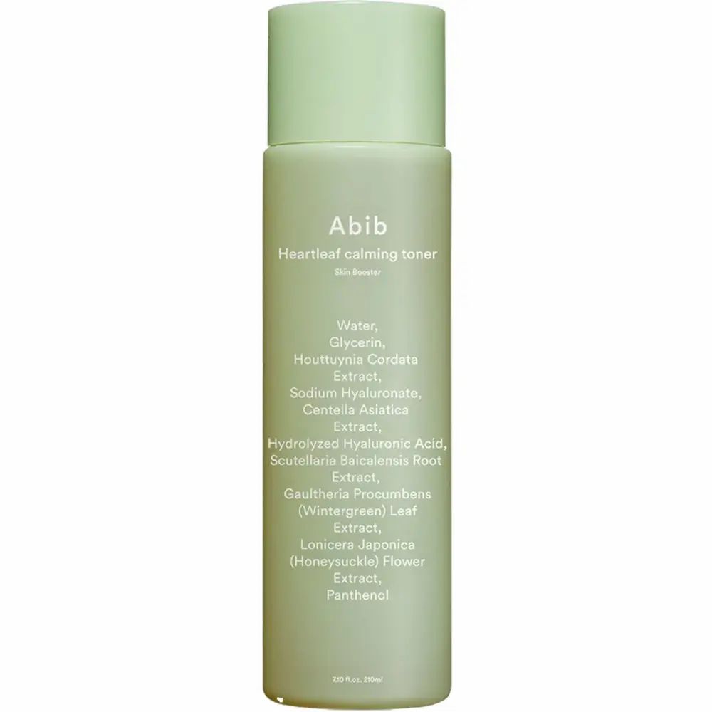 Bottiglia verde con testo bianco. Scritta: Abib, Heartleaf calming toner, ingredienti.