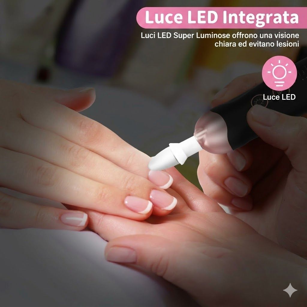Set manicure con luce LED. Dispositivo nero, oro rosa. Luci LED luminose. Applicazione sulle unghie.