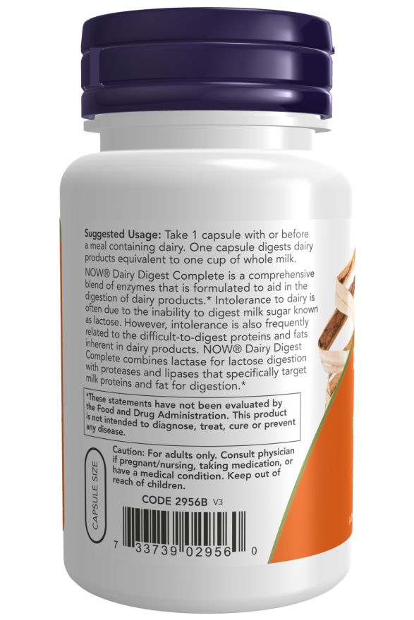 Retro di un flacone bianco con tappo blu. Scritta: NOW Dairy Digest Complete. Contiene informazioni sull'uso.