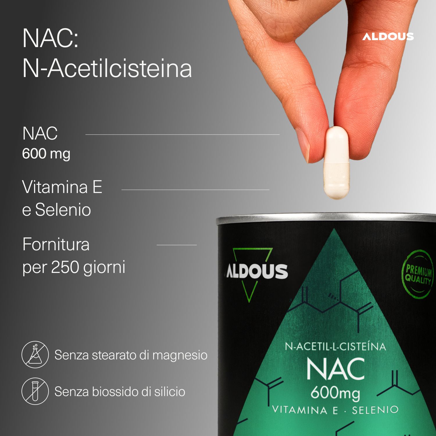 Mano tiene una capsula Aldous NAC. Lattina sullo sfondo. Testo: NAC 600 mg, Vitamina E e Selenio, 250 giorni.