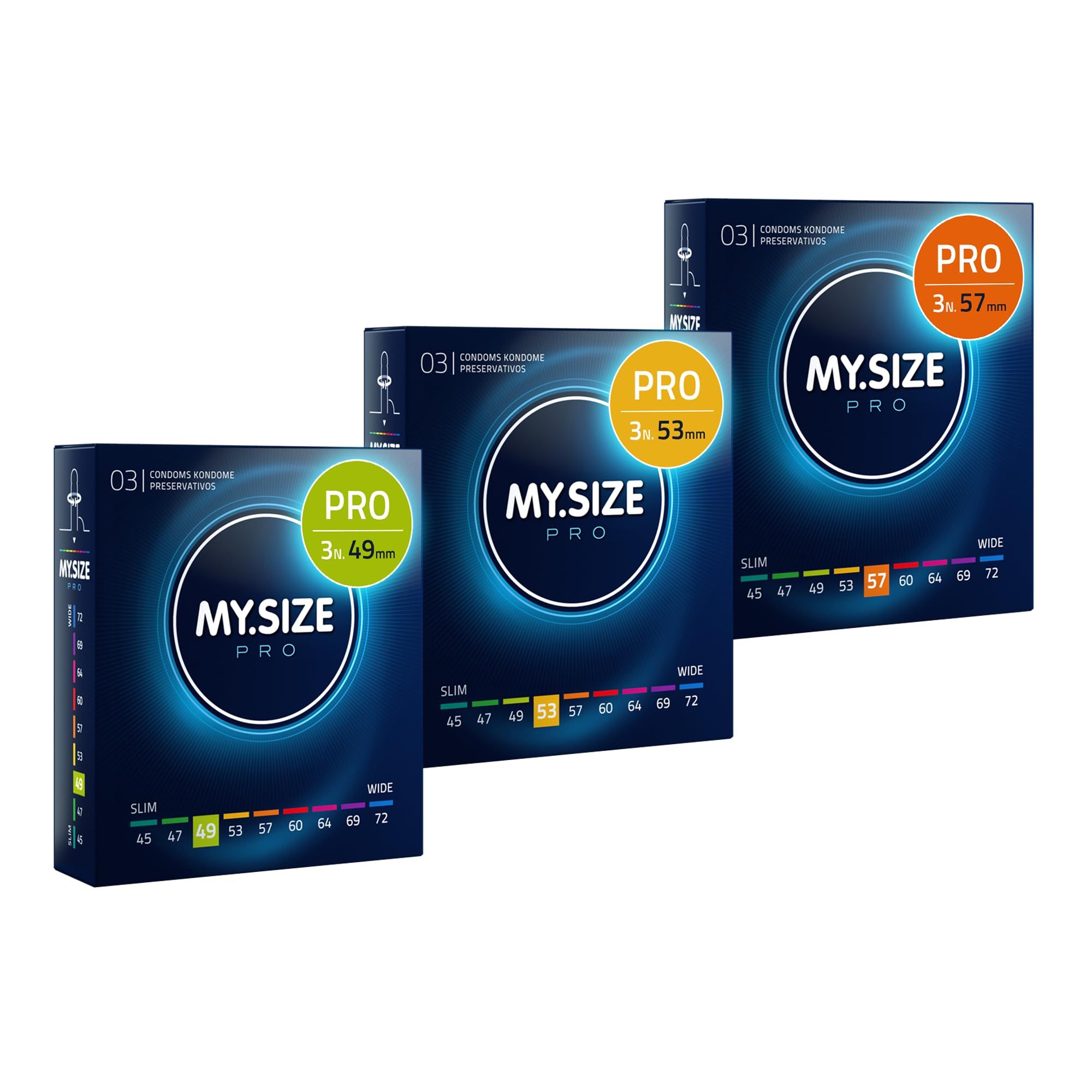 Tre confezioni di preservativi My.Size PRO, misure 49mm, 53mm e 57mm.