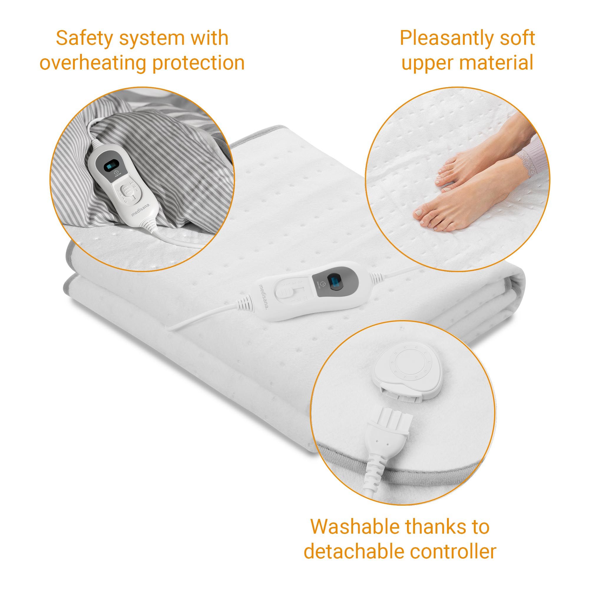 Sottocoperta termico bianco con controllo. Etichette: sistema di sicurezza, materiale superiore morbido, controllo rimovibile.