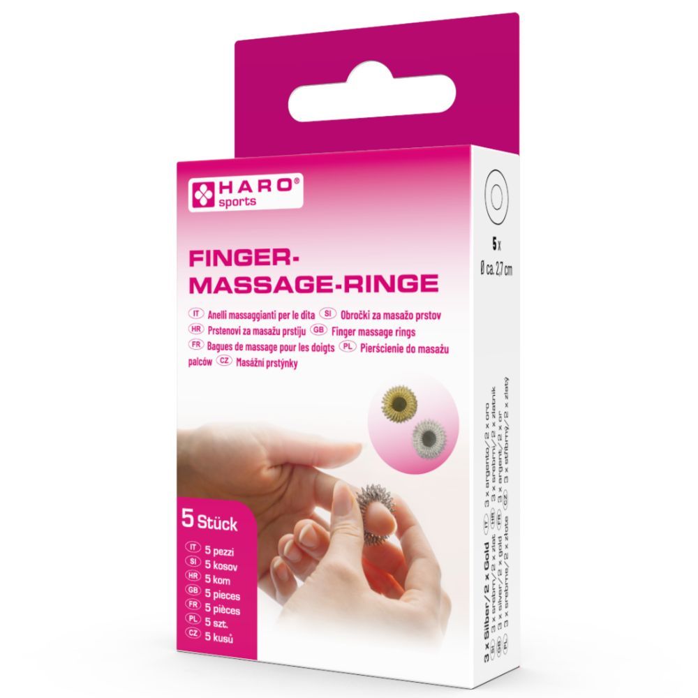 Haro Fingermassage-Ringe in confezione. Cinque anelli, confezione rosa con immagine e testo.