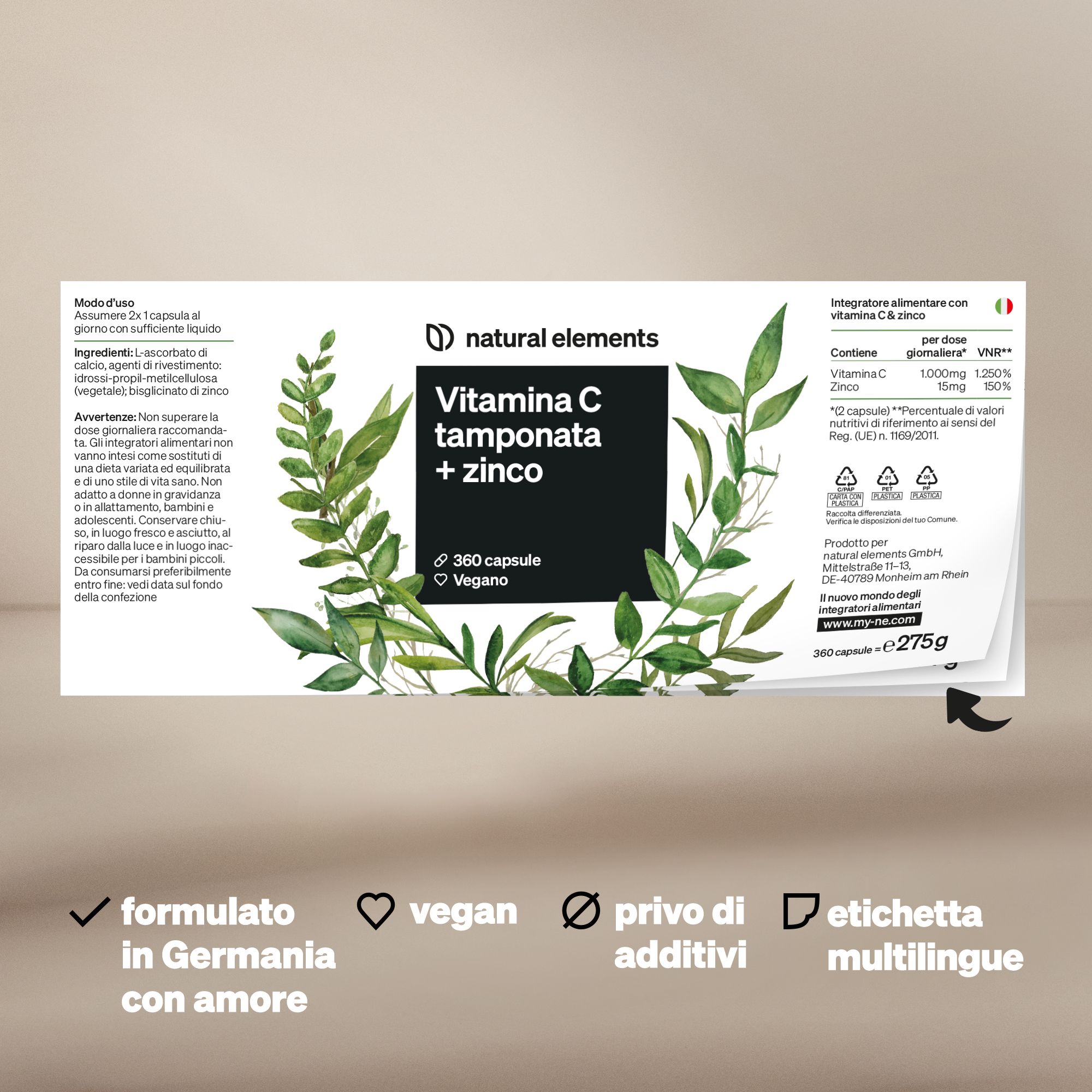 Confezione da 360 capsule vegane di Vitamina C e Zinco.