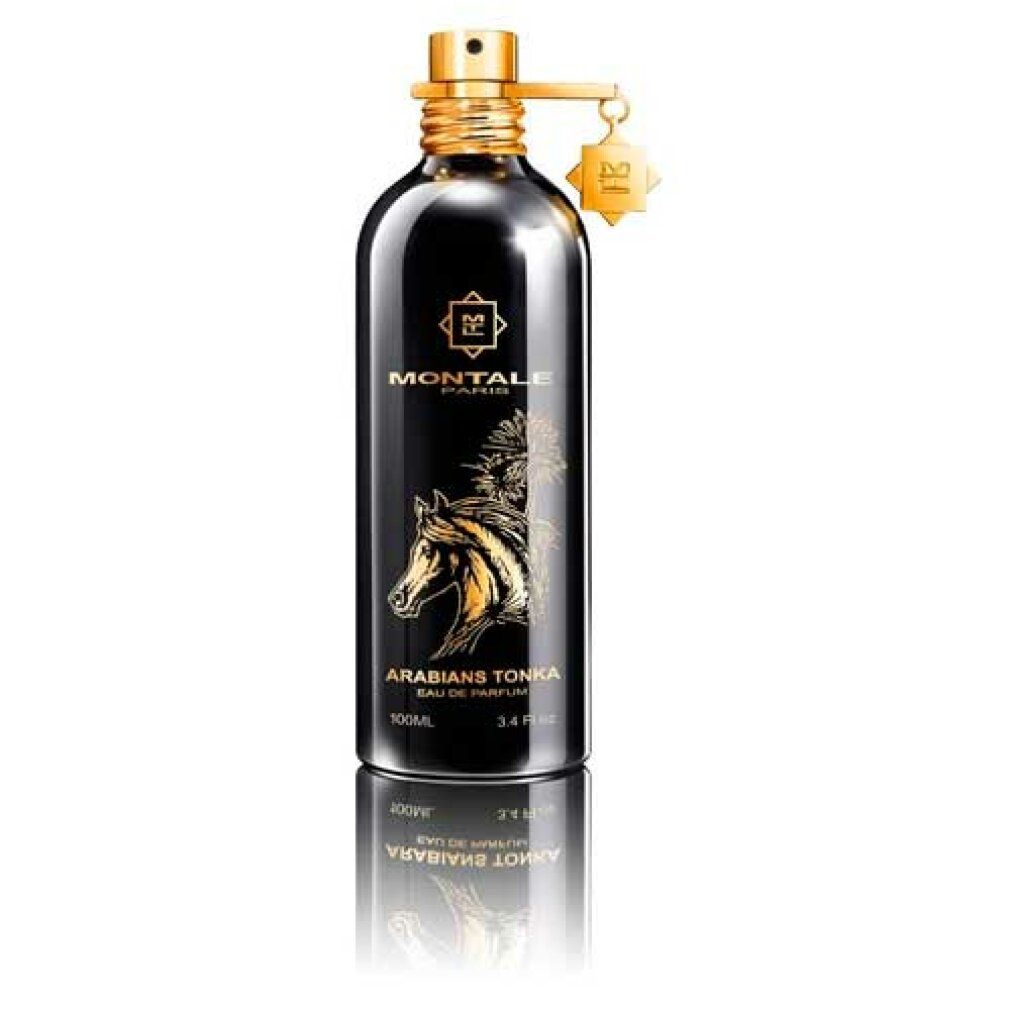 Flacone nero con tappo dorato. Scritta Montale, Arabians Tonka. Illustrazione di un cavallo.