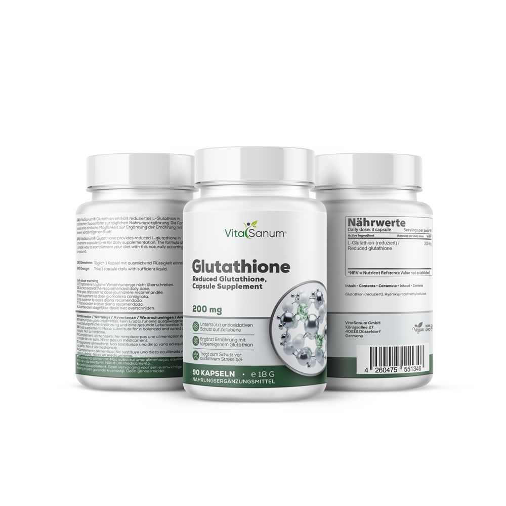 Capsule VitaSanum® Glutatione, 200 mg, 90 pezzi, con informazioni nutrizionali.