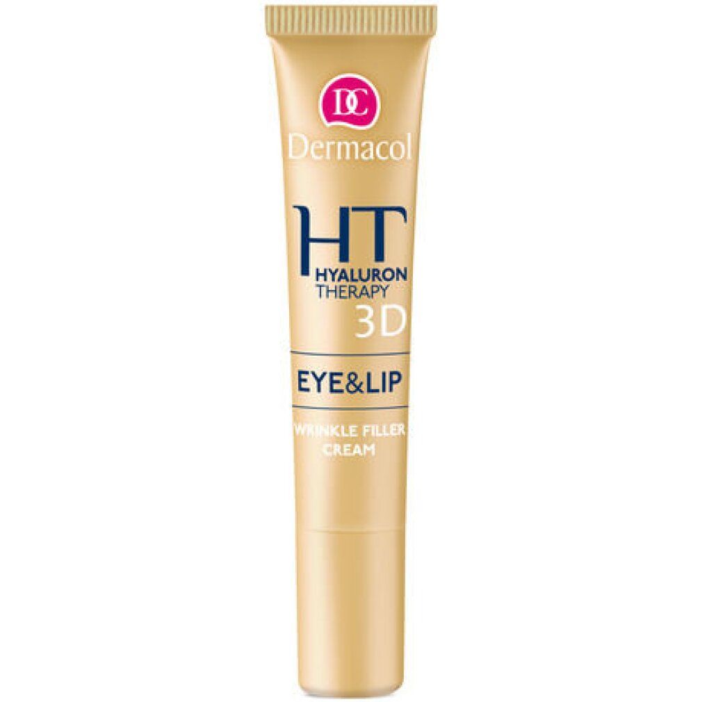 Tubo di crema dorato. Scritta: Dermacol, HT Hyaluron Therapy 3D Eye & Lip Wrinkle Filler Cream.