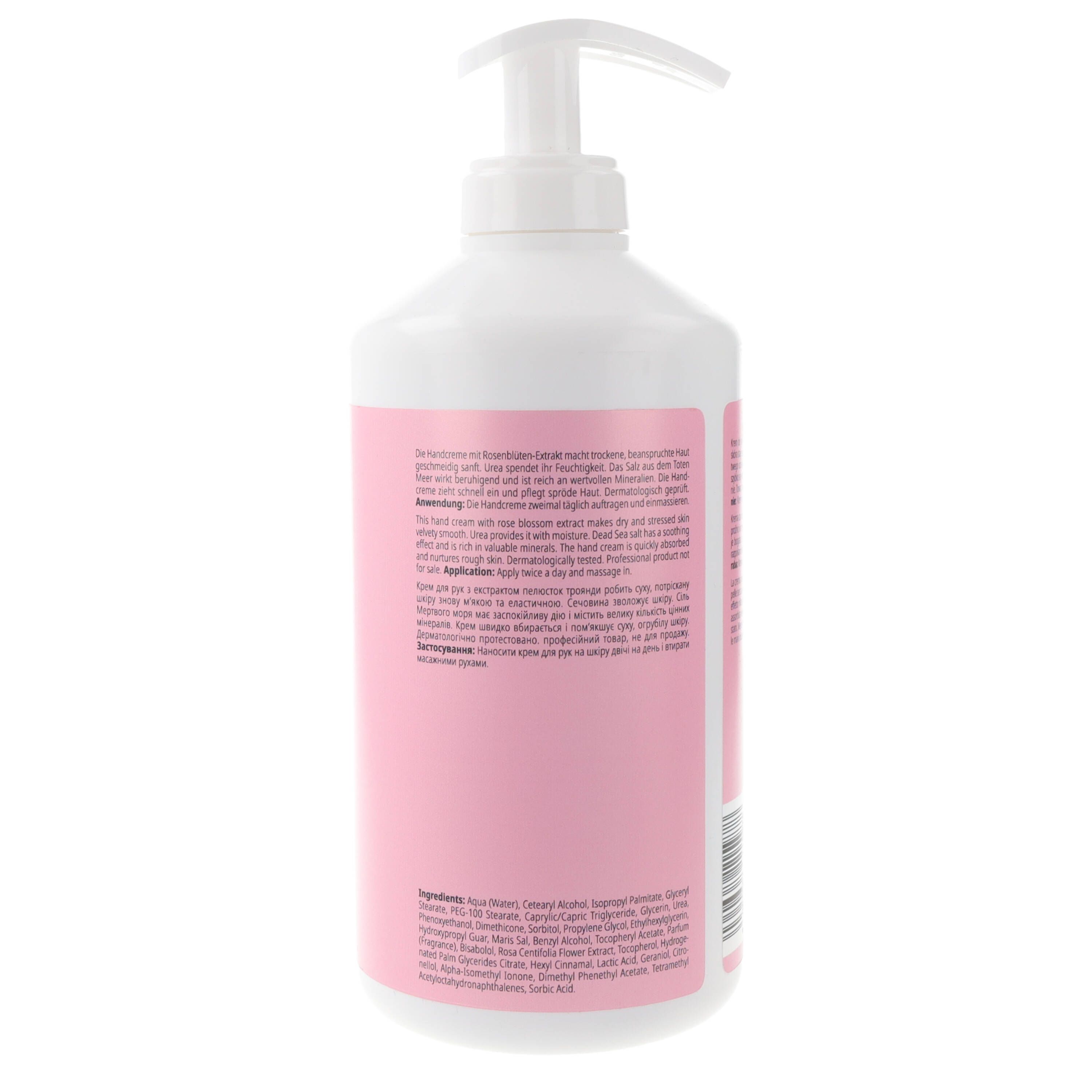 Flacone bianco con etichetta rosa e pompa. Vista posteriore con testo. Nome del prodotto non visibile.