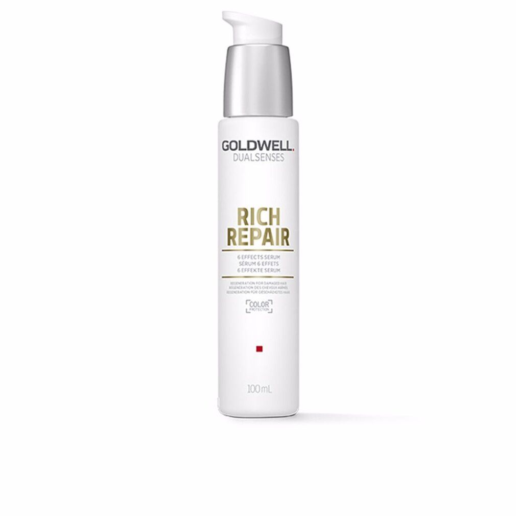 Flacone di siero Goldwell Dualsenses Rich Repair. Contenitore cilindrico bianco con erogatore argentato. Nome del prodotto e testo.
