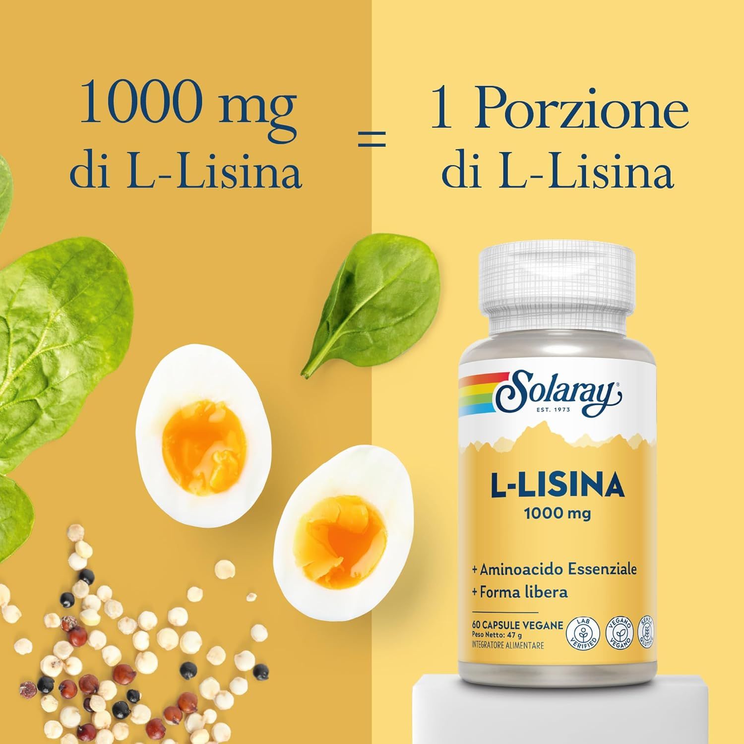 Confronto: 1000 mg di L-Lisina equivalgono a 1 porzione. Flacone di capsule Solaray L-Lisina accanto a uova sode e spinaci.