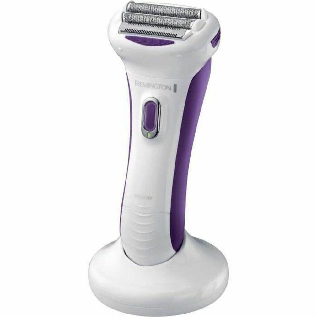 Rasoio elettrico da donna bianco-viola con base di ricarica. Il rasoio ha due testine e un interruttore.
