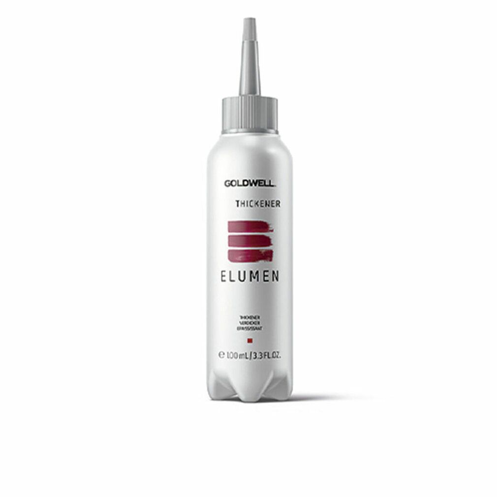 Flacone bianco con applicatore argentato. Strisce rosse e scritta ELUMEN. Logo Goldwell e THICKENER.