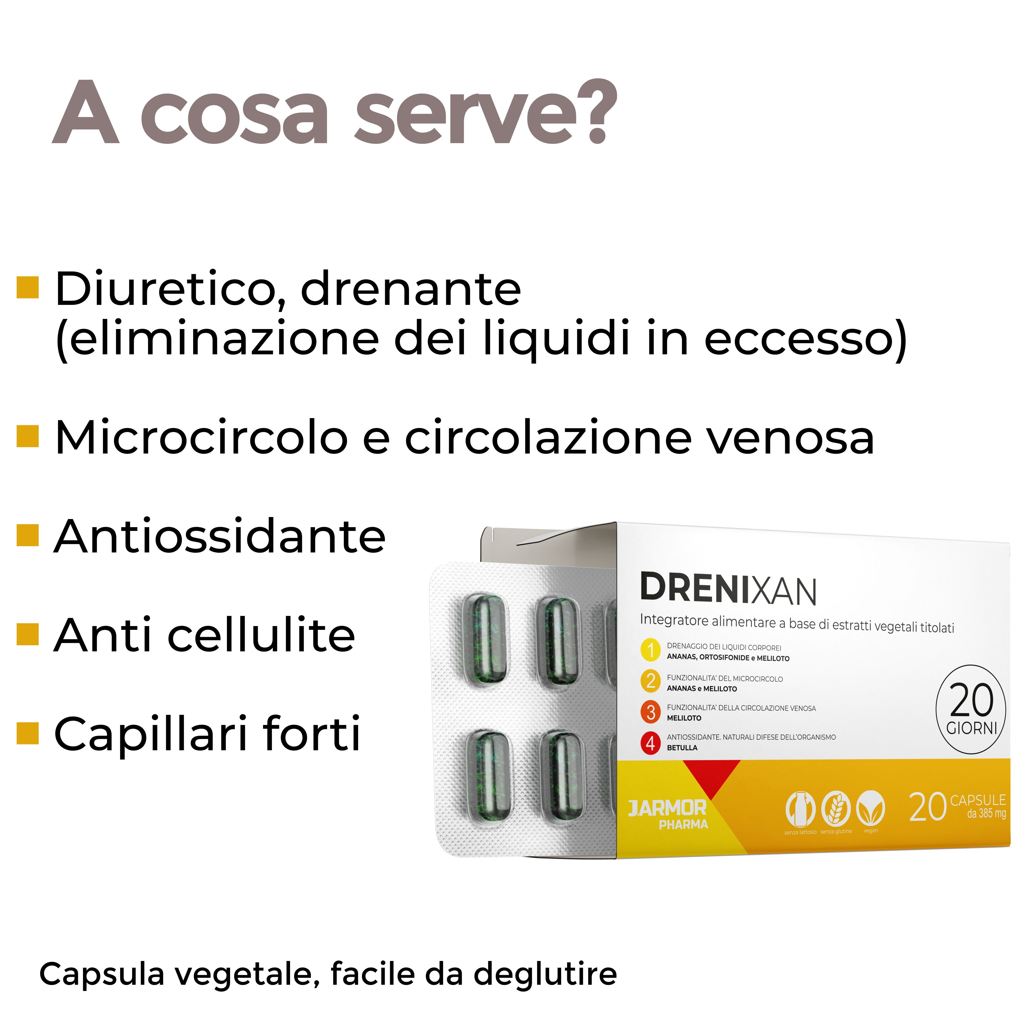Capsule Drenixan in blister, 20 pezzi. Informazioni su benefici e ingredienti.