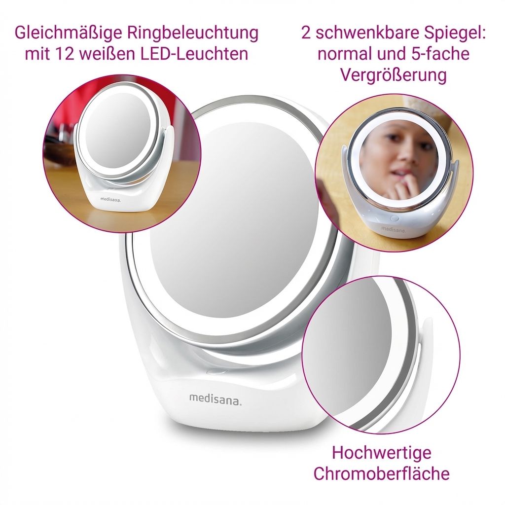 Specchio cosmetico con illuminazione LED, ingrandimento 5x e finitura cromata.