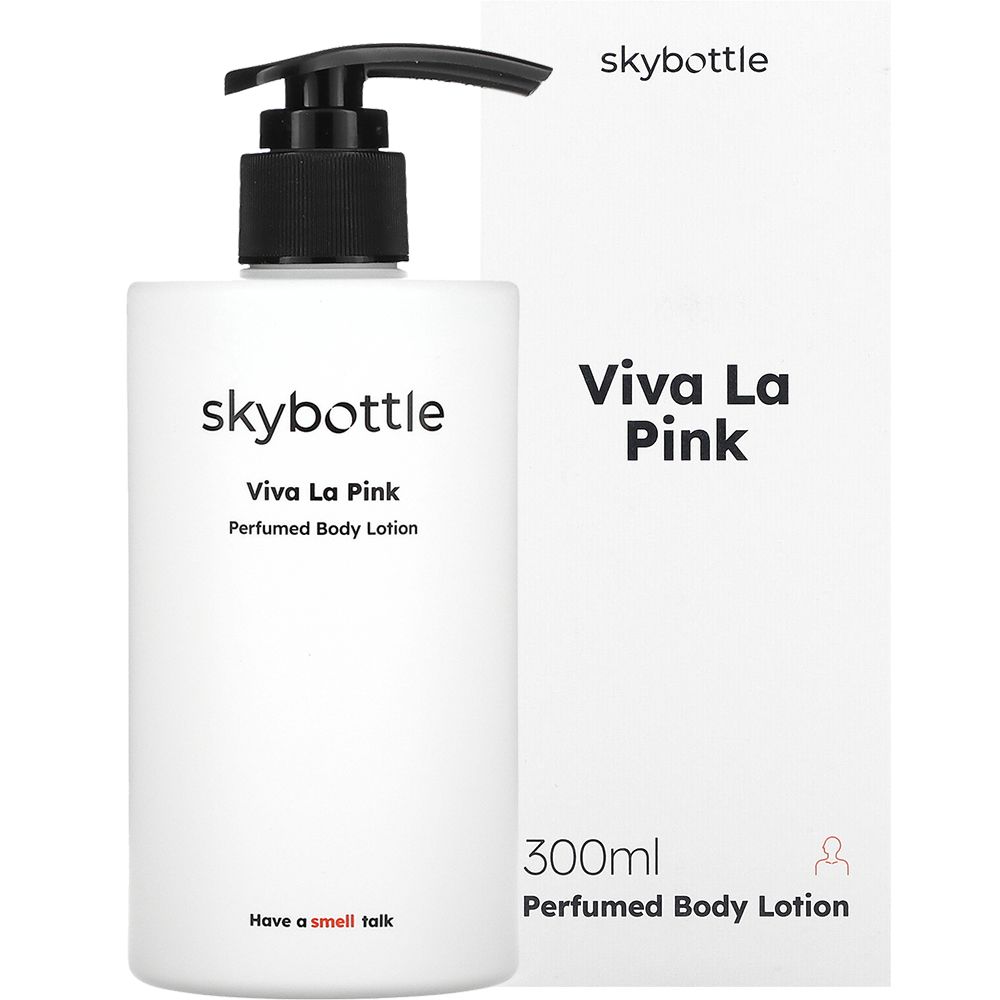 Lozione per il corpo bianca SKYBOTTLE Viva la Pink con erogatore nero e confezione.