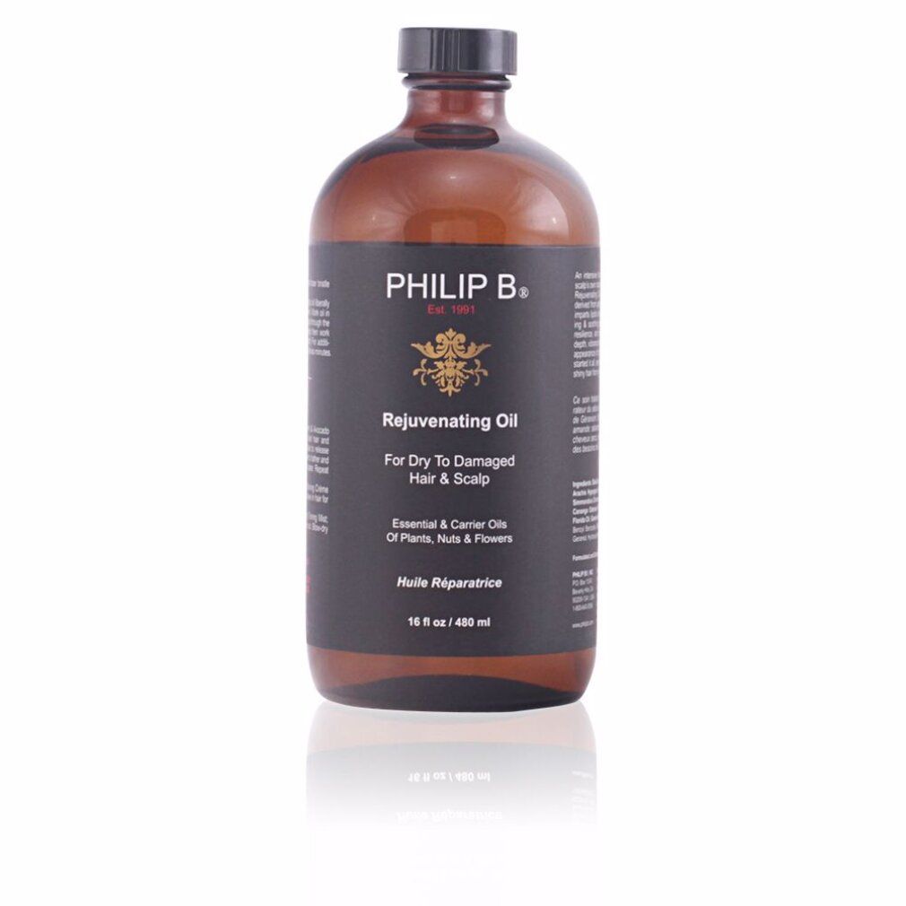 Flacone di olio rivitalizzante Philip B. per capelli e cuoio capelluto secchi o danneggiati.