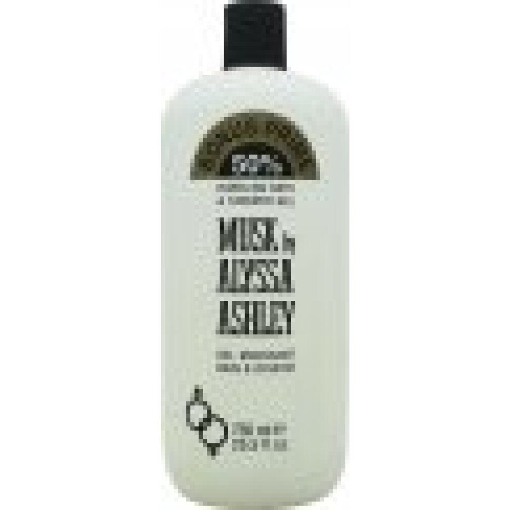 Bagnoschiuma bianco Alyssa Ashley. Tappo nero. Scritta: Musk by Alyssa Ashley, Gel moussant bain & douche. 750 ml.