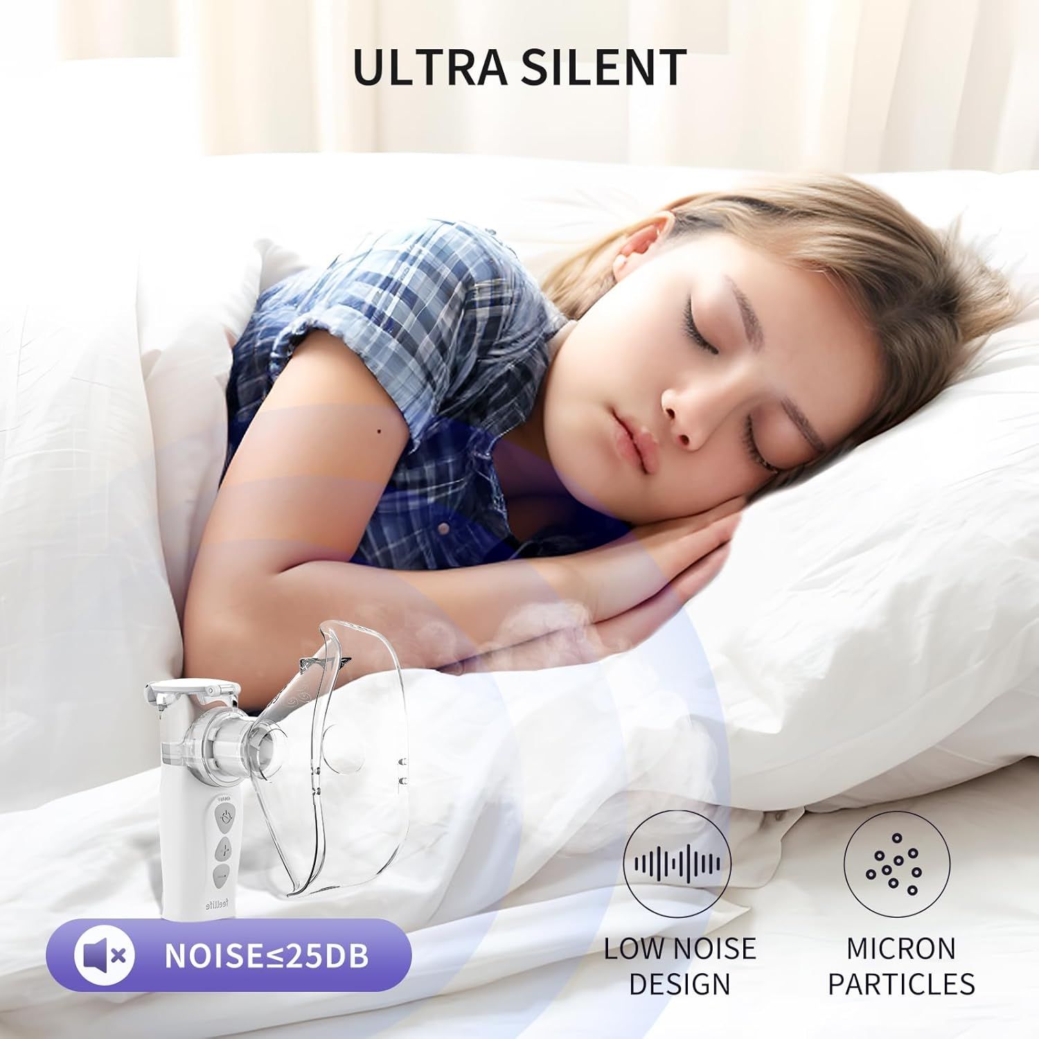 Donna che dorme a letto, inalatore accanto a lei. Testo: Ultra silenzioso. Livello di rumore ≤25dB. Design a basso rumore. Particelle microniche.