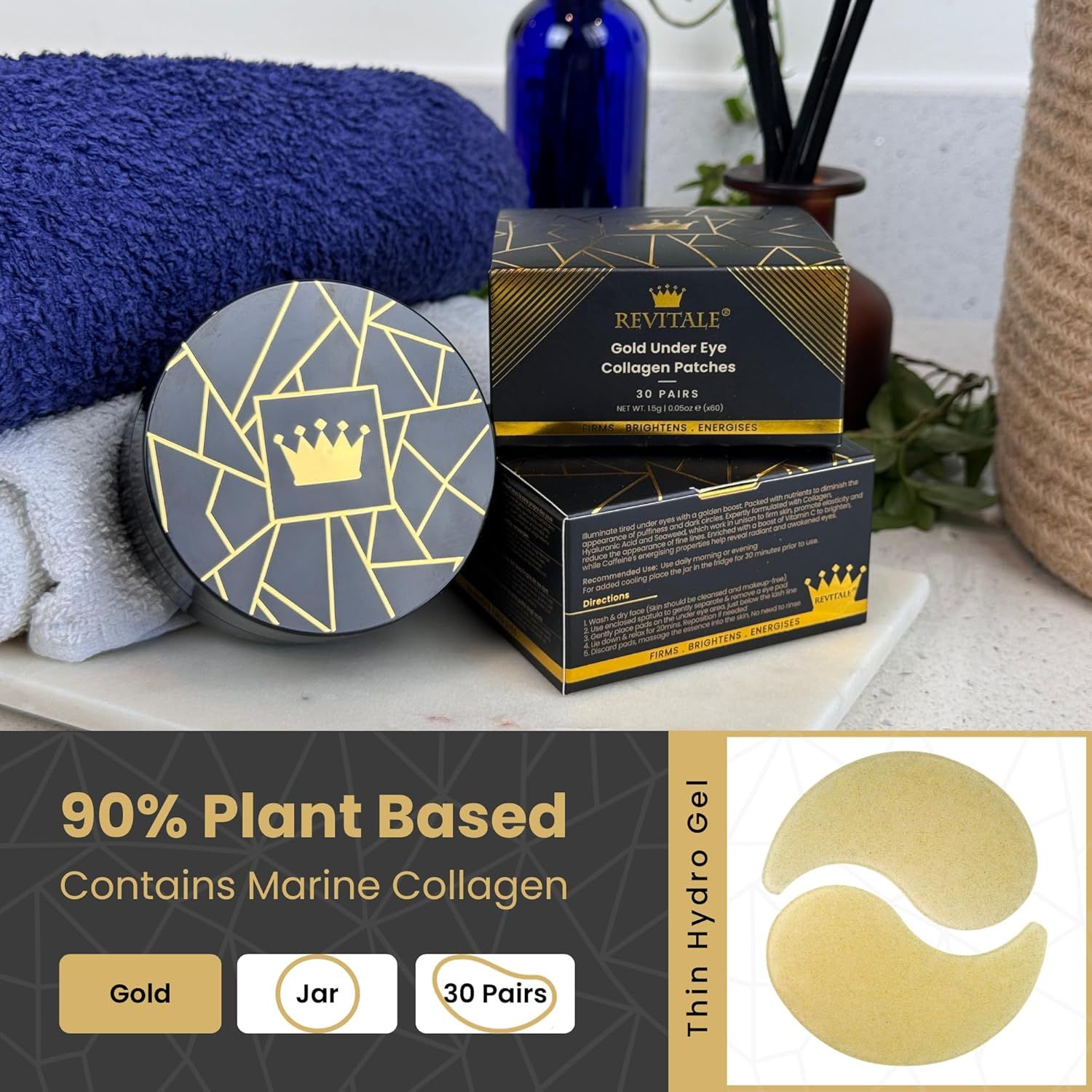Barattolo nero con patch dorati, confezione accanto. Testo: Revitale Gold Under Eye Collagen Patches. 30 paia. 90% vegetale.
