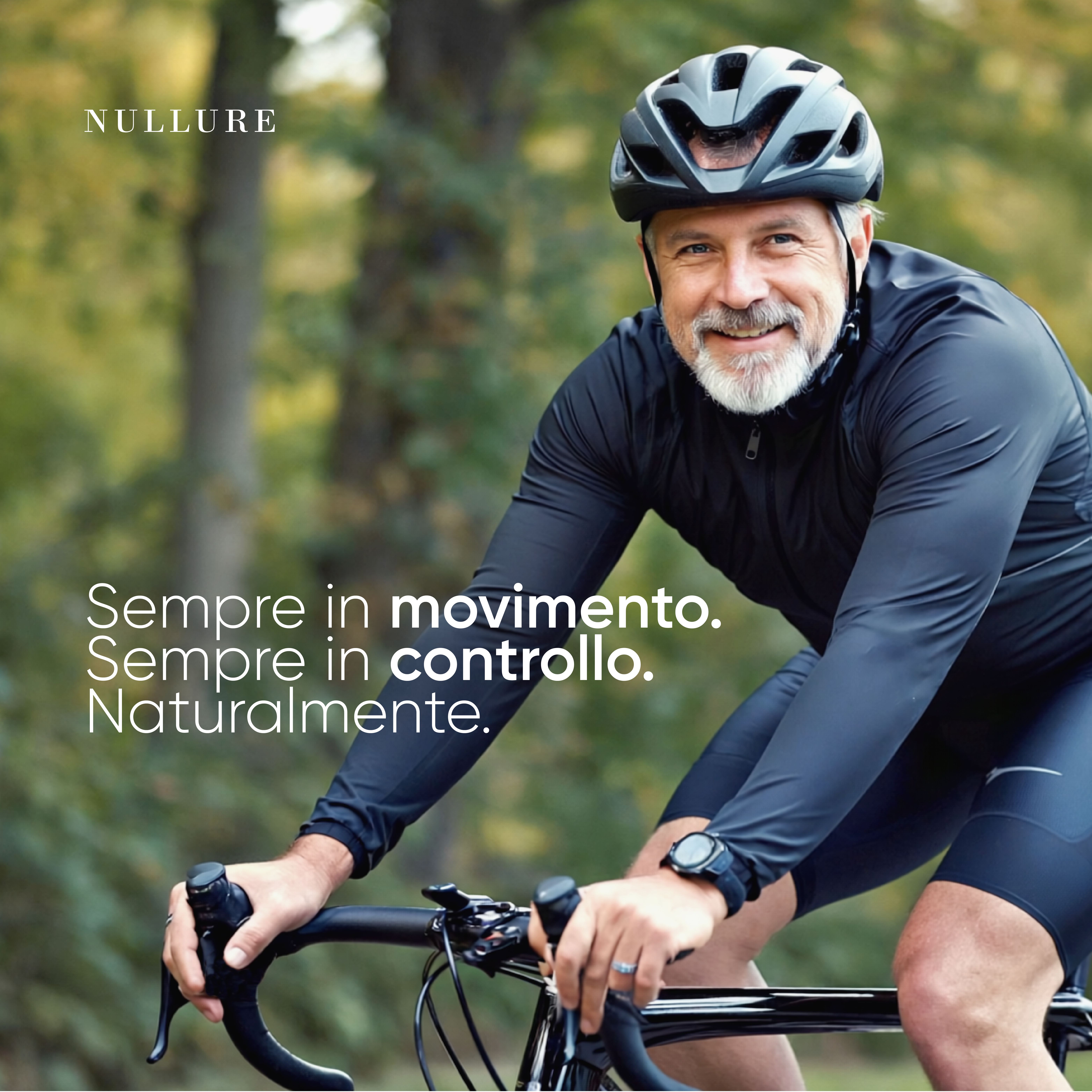 Uomo in bicicletta. Testo: Sempre in movimento. Logo Nullure.