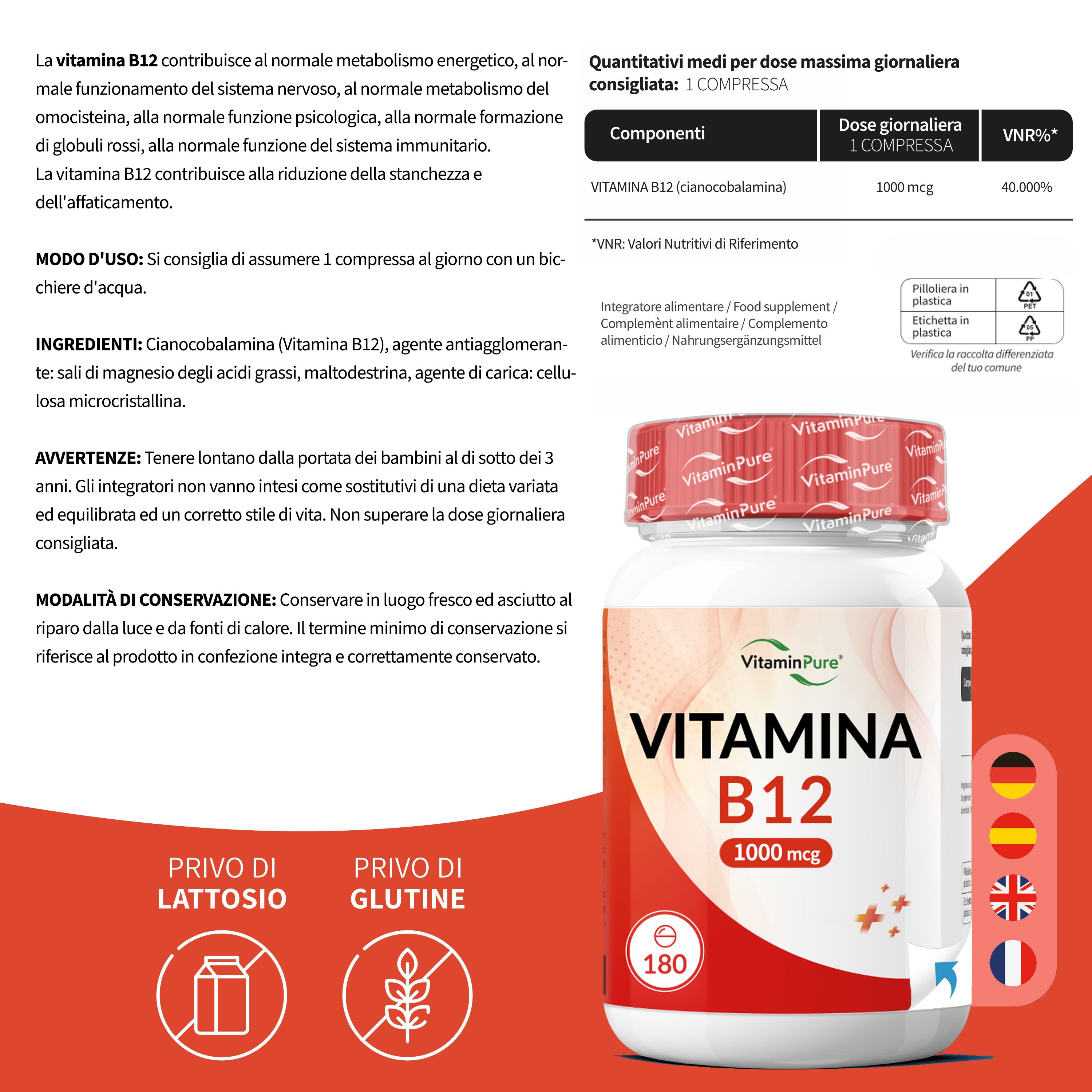 Flacone: Vitamina B12 1000 mcg. 180 compresse. Testo su ingredienti e uso.