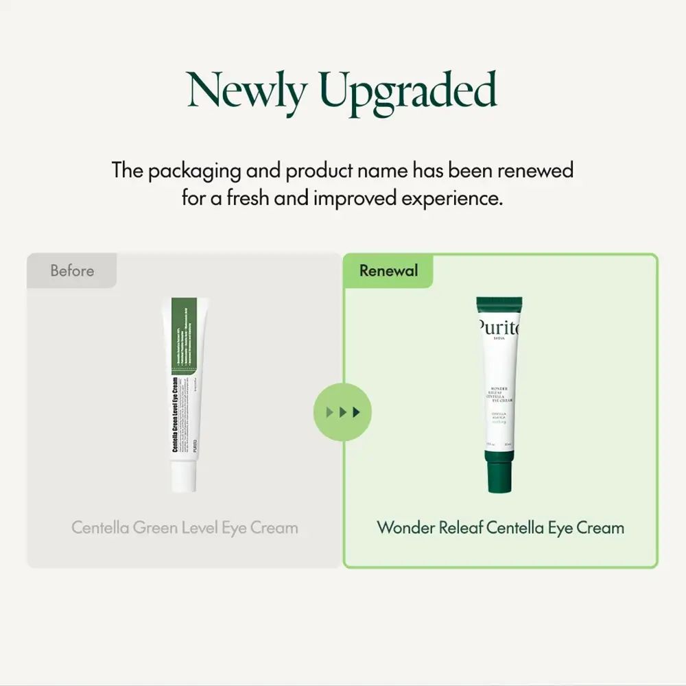 Confronto tra due tubetti di crema per gli occhi. A sinistra: Centella Green Level Eye Cream. A destra: Wonder Releaf Centella Eye Cream.