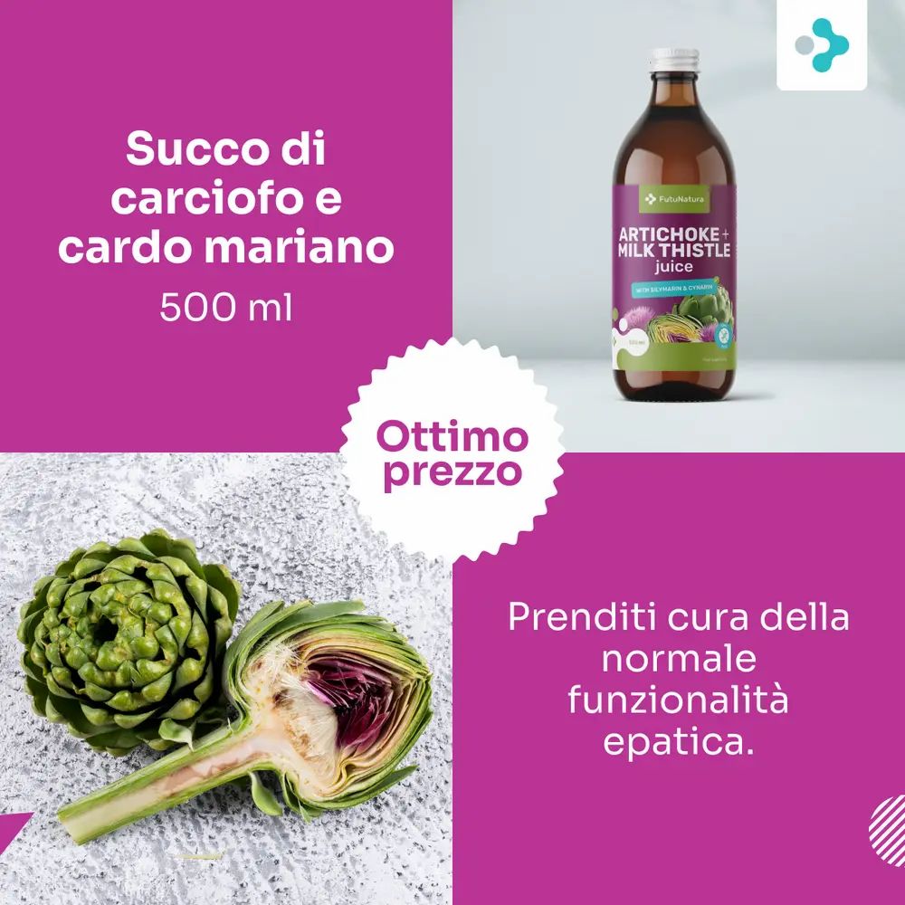 Bottiglia con etichetta, nome del prodotto e illustrazioni. Carciofi e cardo mariano. Testo: Succo di carciofo e cardo mariano, 500 ml. Ottimo prezzo.