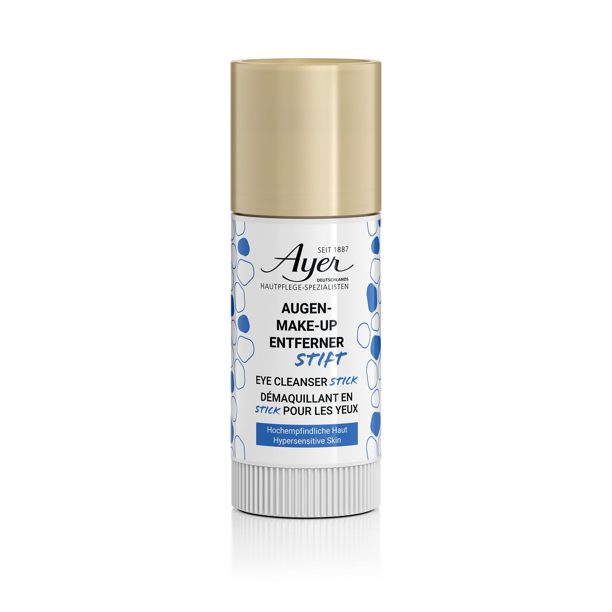Ayer Eye Cleanser Stick. Stick bianco con tappo dorato. Scritta: Augen-Make-up Entferner Stift.