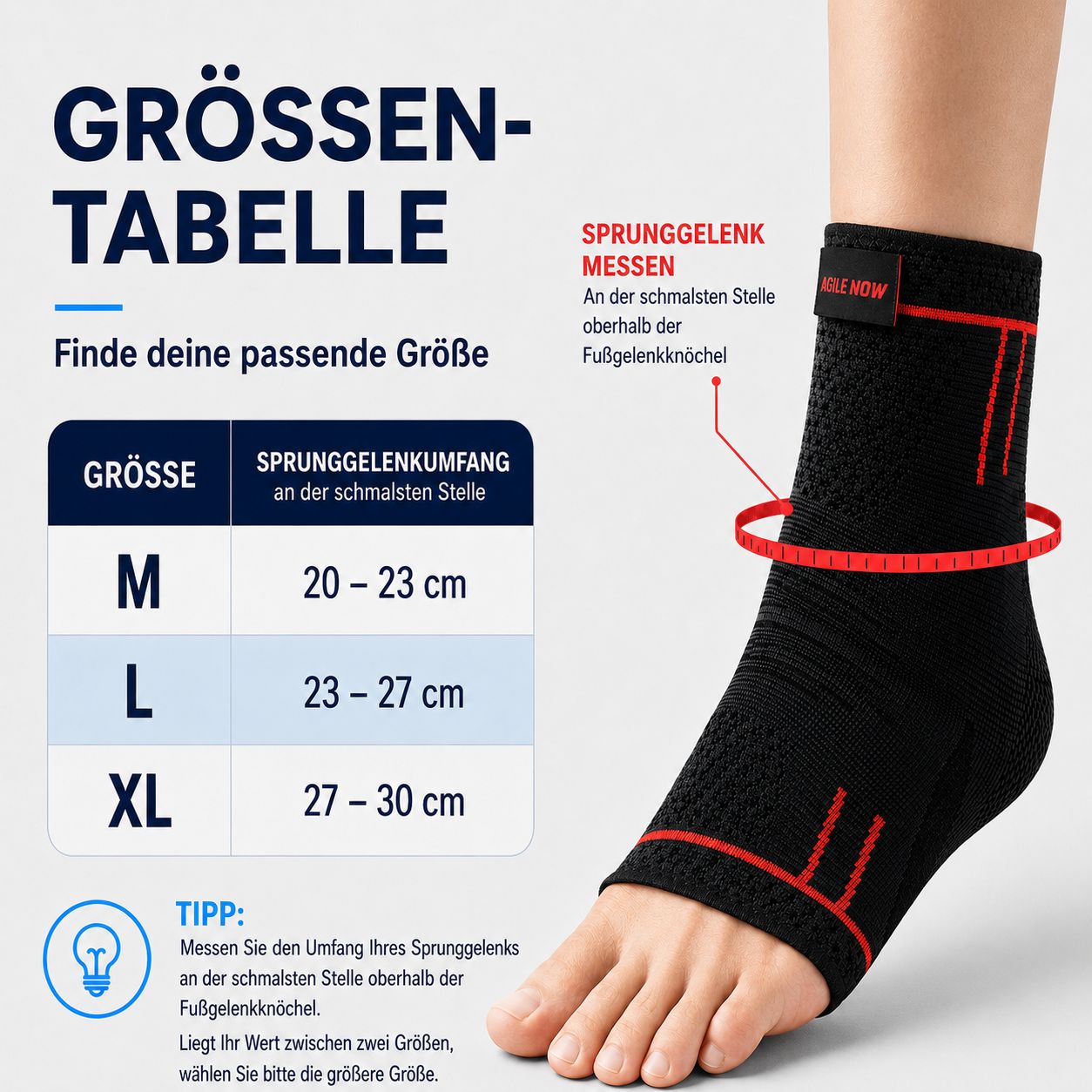 Tabella taglie per cavigliere con taglie M, L, XL e istruzioni di misurazione.