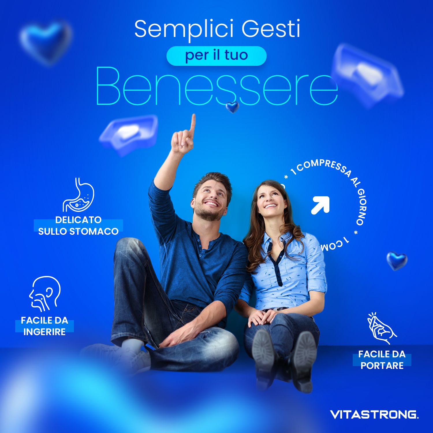 Coppia seduta su sfondo blu. Testo: Gesti semplici per il tuo benessere. Simboli e testo.