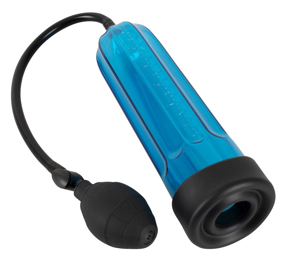 Pompa per pene blu con soffietto e tubo neri, primo piano.