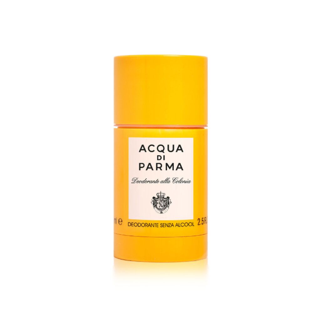Stick deodorante giallo. Etichetta bianca: ACQUA DI PARMA, Deodorante alla Colonia. Sotto: Deodorante Senza Alcool. Logo.