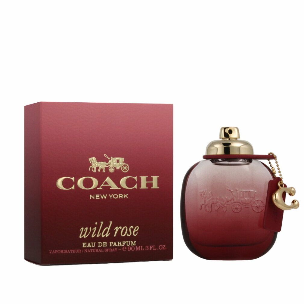 Flacone e confezione Coach Wild Rose EdP. Scatola rossa con logo dorato. Flacone con ciondolo.