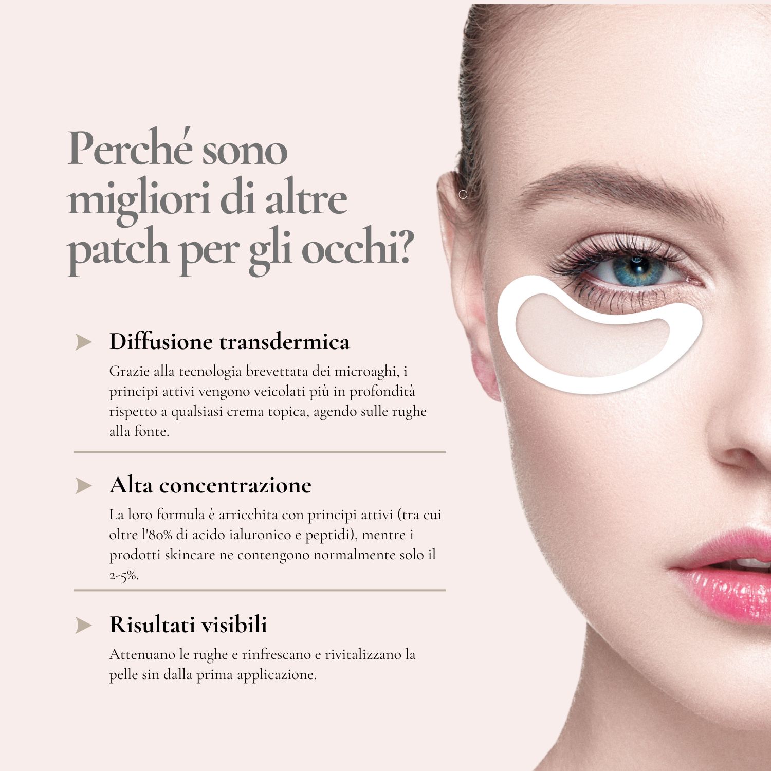 Donna con patch per gli occhi. Testo: Diffusione transdermica, Alta concentrazione, Risultati visibili.