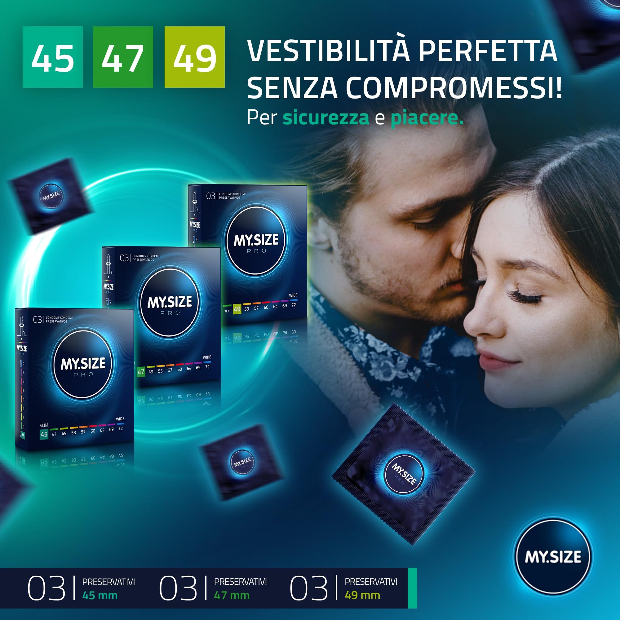Coppia che si abbraccia, circondata da confezioni e preservativi My.Size PRO.