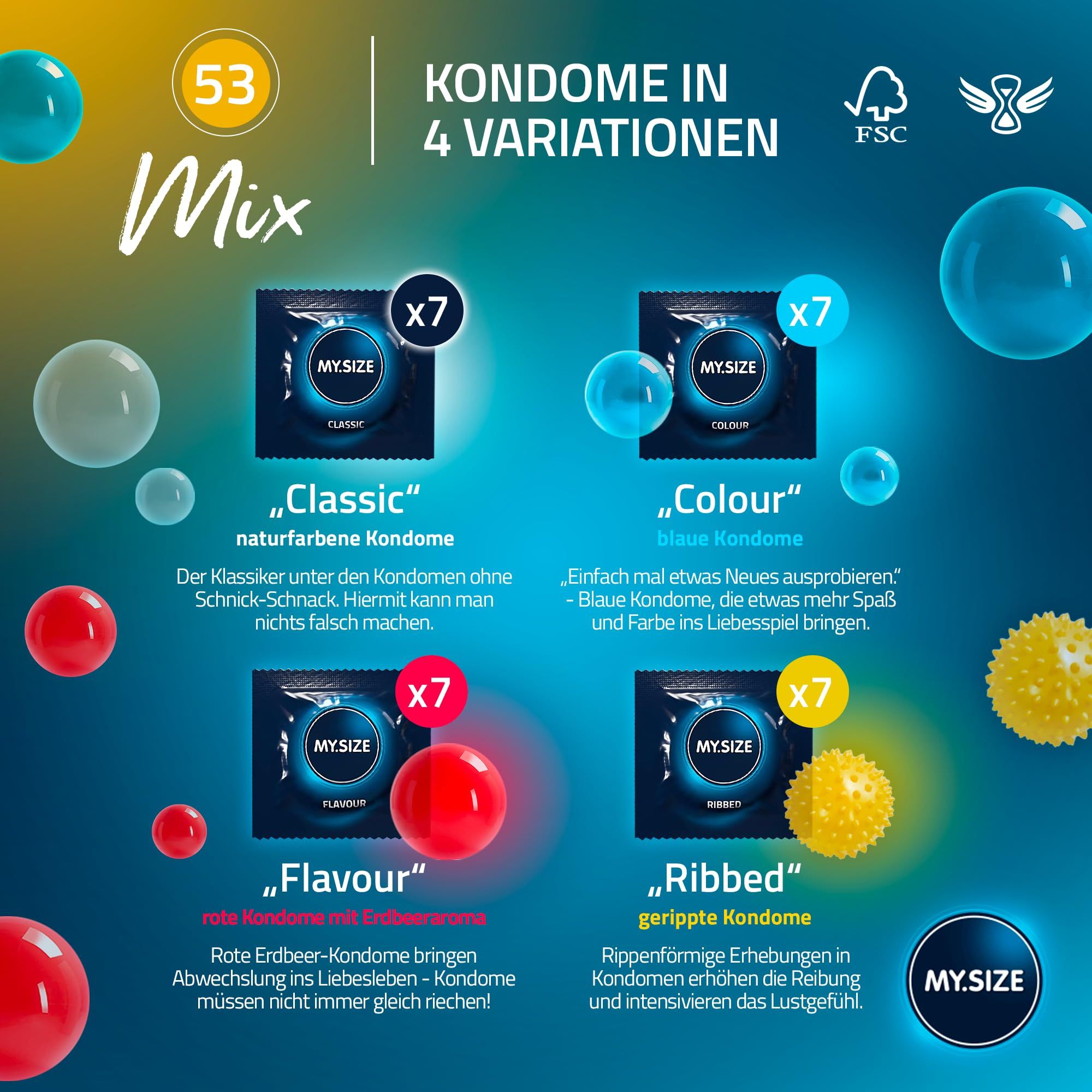 MY.SIZE Mix 53mm: 28 preservativi, 4 varianti: Classic, Colour, Flavour, Ribbed.