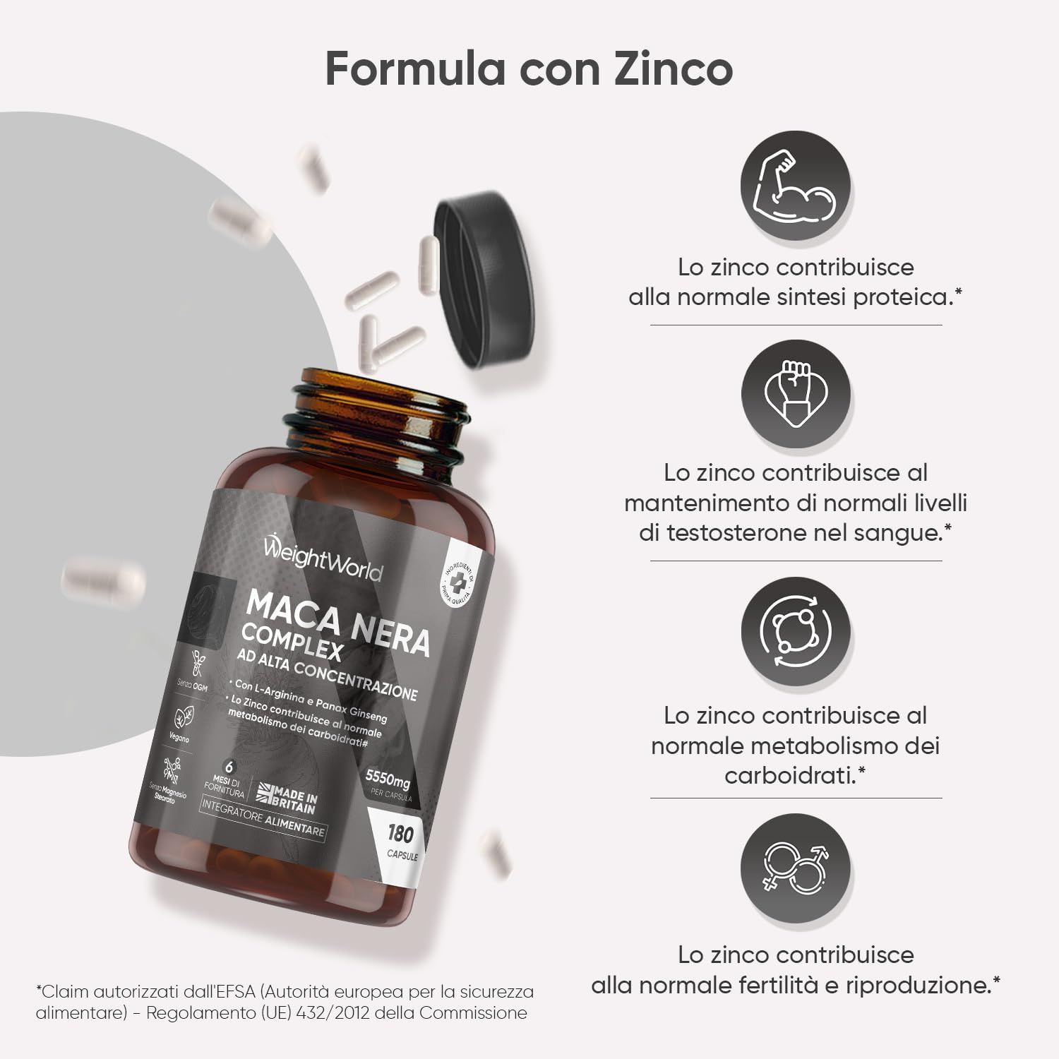 Flacone con capsule. Scritta: WeightWorld Maca Nera Complex, 180 capsule. Testo: Formula con zinco. Informazioni sui benefici dello zinco.