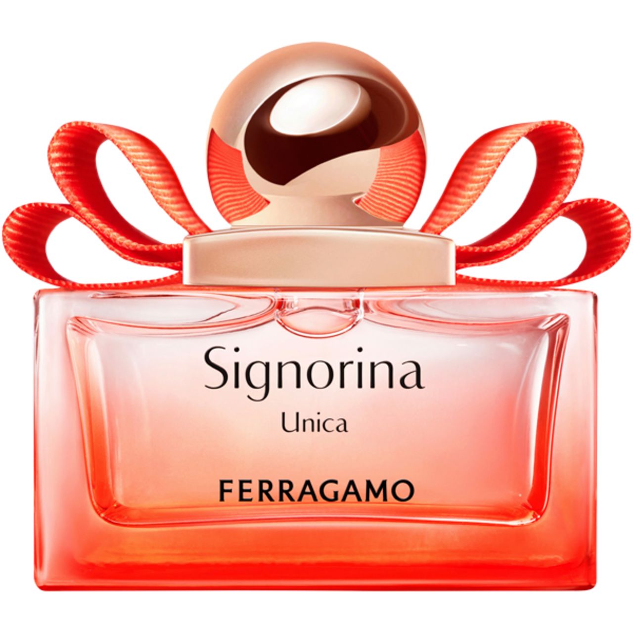 Flacone Signorina Unica EdP Nat. Spray con fiocco. Flacone rettangolare, liquido rosa, sfumatura rossa, scritta Signorina Unica FERRAGAMO.
