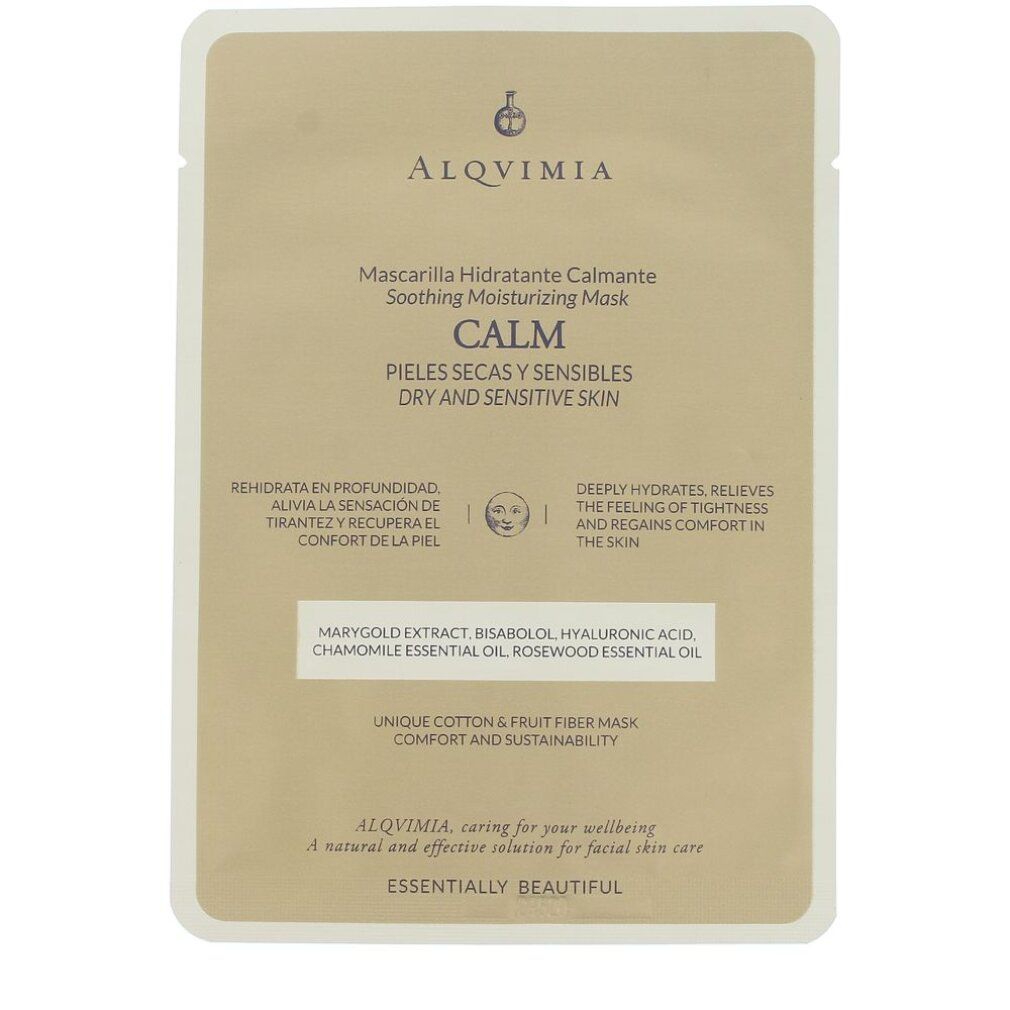 Maschera viso, marchio Alqvimia. Scritta: Calm, per pelli secche e sensibili. Confezione beige con testo e illustrazioni.