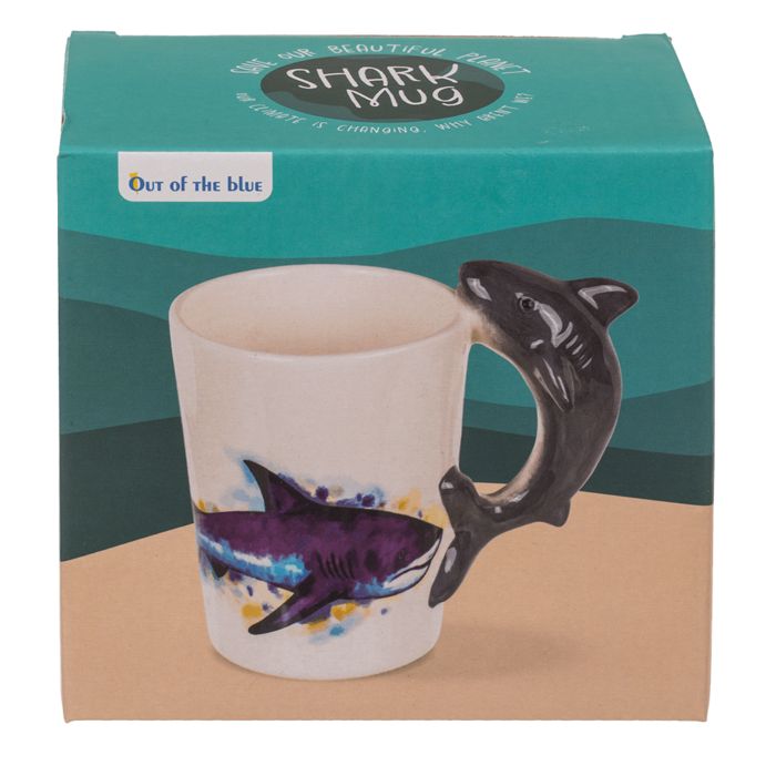 Tazza Becher OOTB Squalo. Tazza bianca con manico a forma di squalo e decorazione di squalo. Confezione con logo.