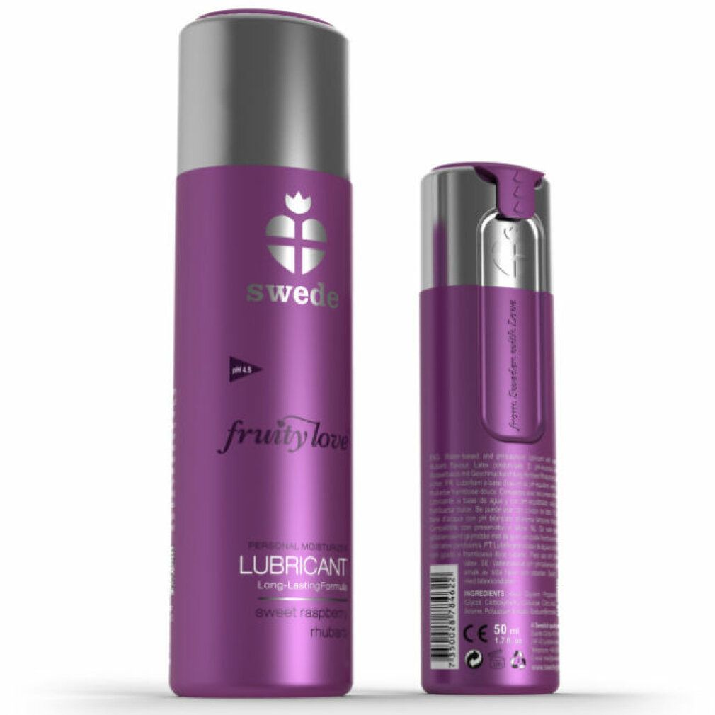 Due flaconi viola. Scritta: swede, fruity love, LUBRICANT. pH 4.5. Retro con testo e codice a barre. Tappi argentati.