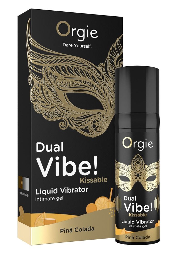 Confezione nera con maschera dorata e flacone. Contiene 'Dual Vibe! Kissable Liquid Vibrator' e 'Pinã Colada'.